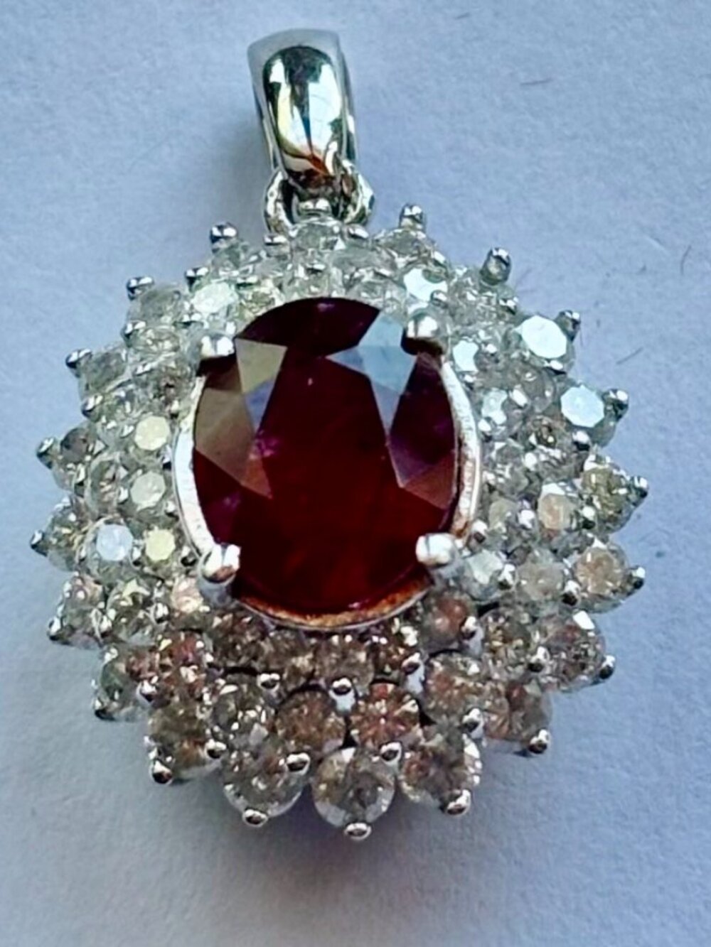 Piegon red Oval Burmese Ruby surrounded by 3 rows diamond 14k white gold Pendant